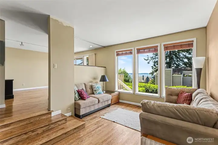 Lower living room, partially staged.