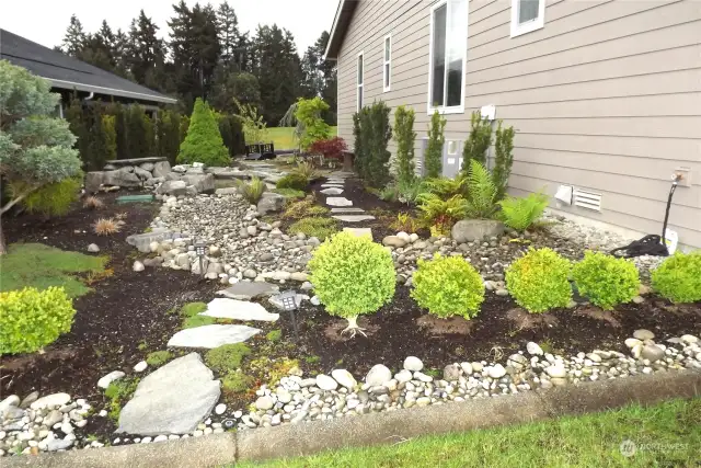 Landscaped yard with water feature