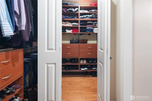 Walk-in closet with built-ins.