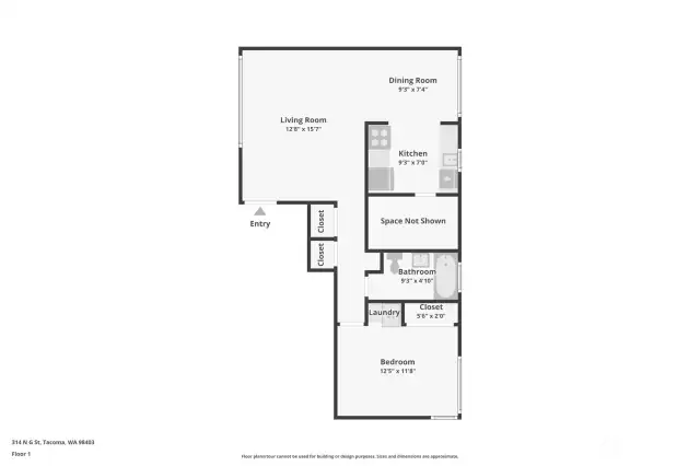 "Space Not Shown" is the hallway off the kitchen with the storage closet and access to the patio and garage.