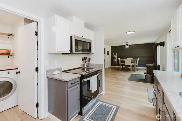 Kitchen view toward living space with open concept design.