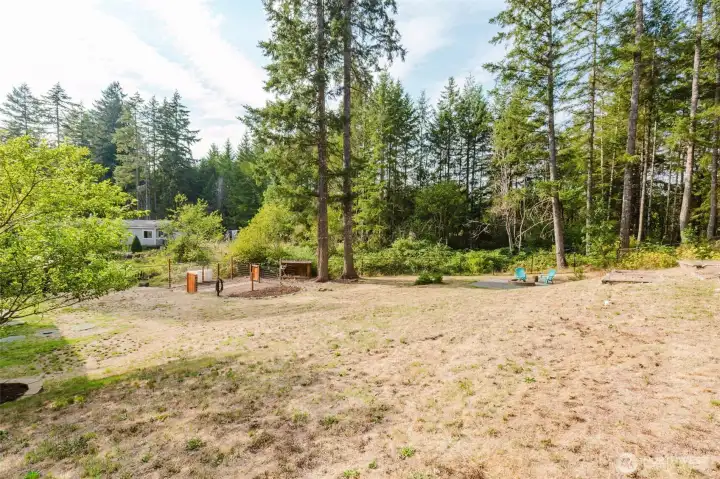 Spacious backyard with mature trees.