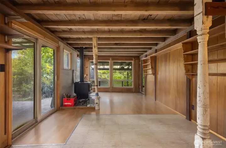 Living room with newer wood stove.