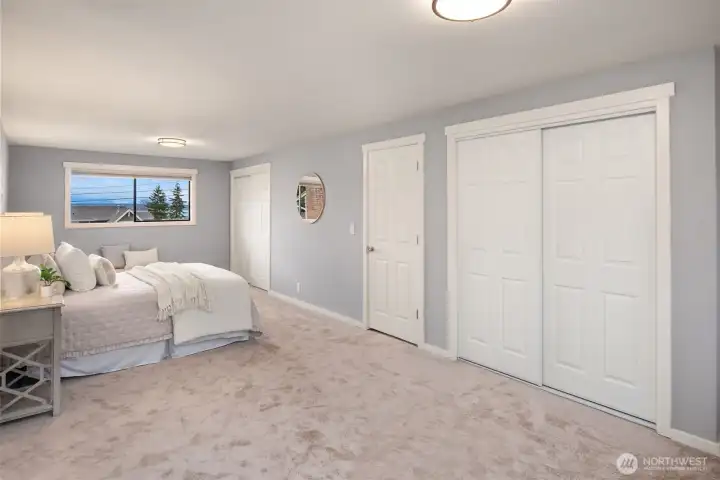 Double closets and views from the primary bed