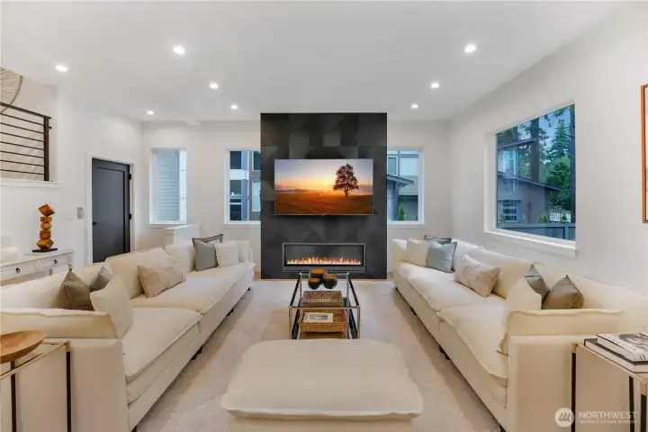 Customed architectural wood panels for fireplace surround and the kitchen island