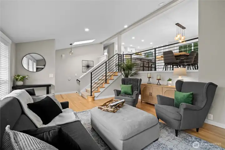 Kitchen & dining room overlook the living room.