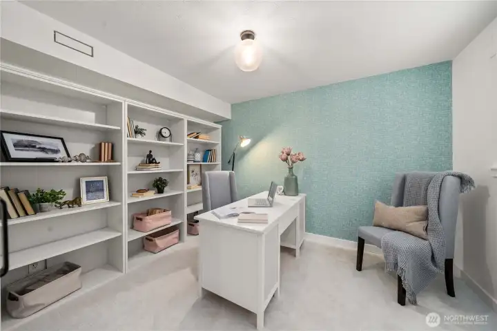 Private and quiet office downstairs with built-in shelving