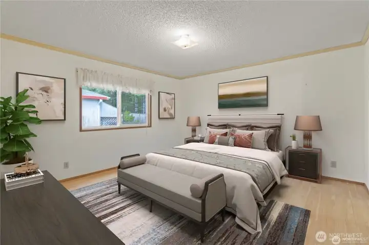 Virtually staged primary bedroom.