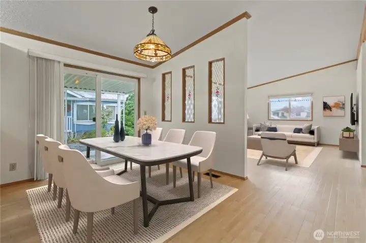 Virtually staged dining room/family room.