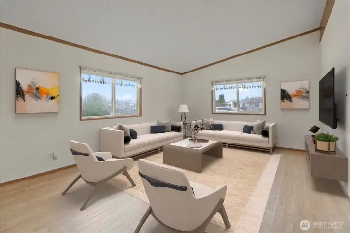 Virtually staged family room.