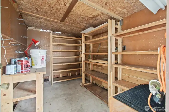 Storage shed with ample shelving.