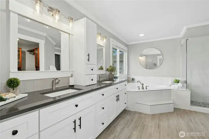 Primary Bath with all newer quartz surfaces & updated hardware/flooring