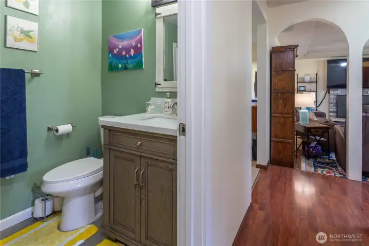 Hallway looking into Full Main Bath & Entryway