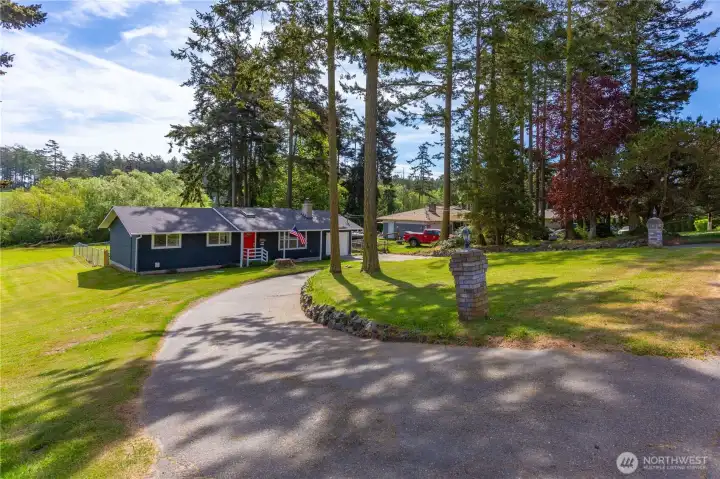 Looking out from house toward road and paved circular driveway