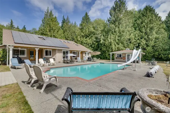 This home also has enough solar panels to provide 9800 KW of power each month.