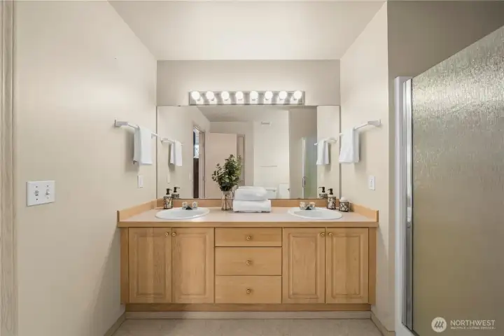 Large vanity area in the private primary bathroom. Large vanity area in the private primary bathroom.