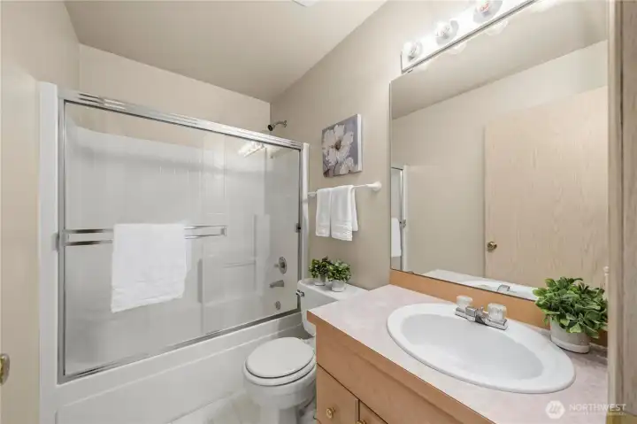 Shared full bath with a glass slider! Shared full bath with a glass slider!