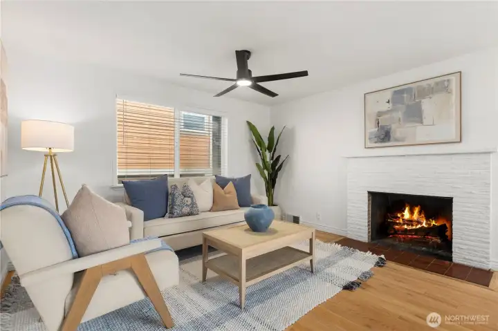 Cozy living area with oak hardwood floors thorough out
