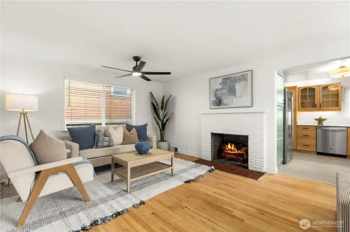 Cozy living area with oak hardwood floors thorough out