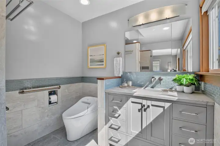 Primary bathroom gorgeous tile and Ipe wood. Primary bathroom gorgeous tile and Ipe wood.