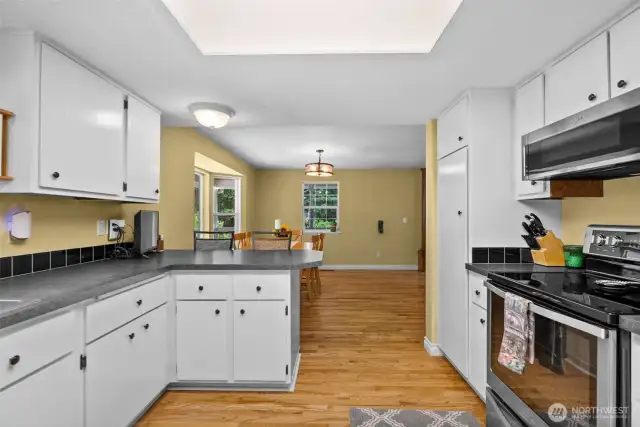 Kitchen looks out to dining