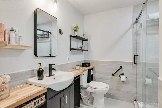 Primary bathroom with abundant counter space.