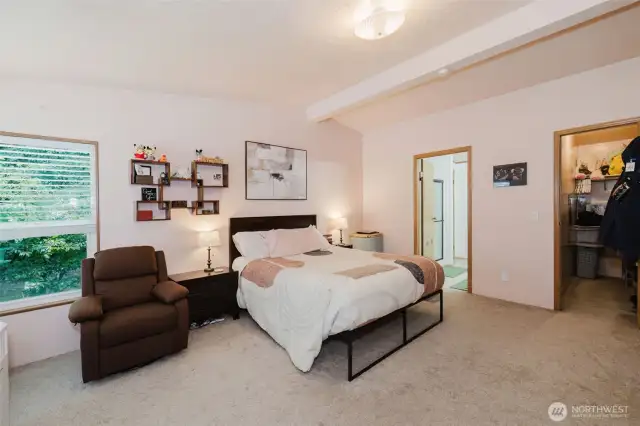 Walk-in closet and primary bath. That window looks out to the private, big backyard!