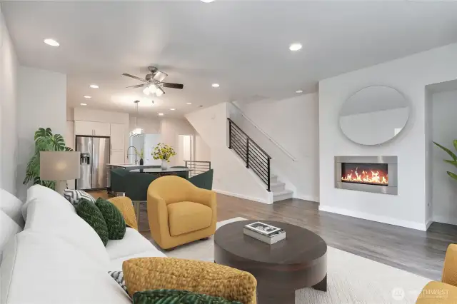 Main Floor Living Room with Gas Fireplace. Virtually Staged.