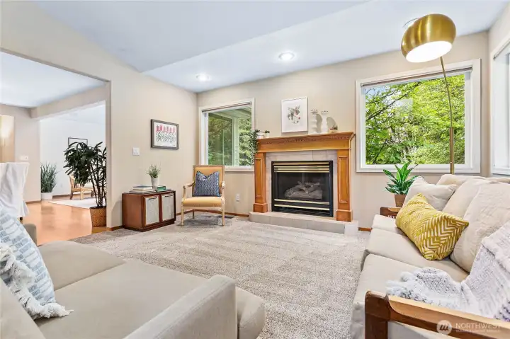 Cozy living area with gas fireplace.