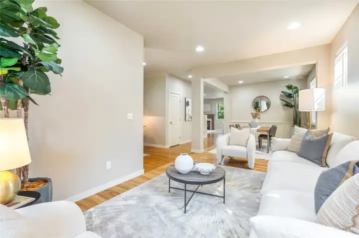 Seamless flow between living and dining areas.
