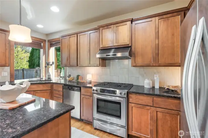 Stainless appliances including a gas cooktop with vented hood.