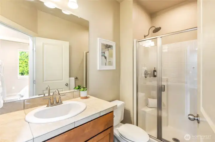 3/4 bath with shower on the main level.