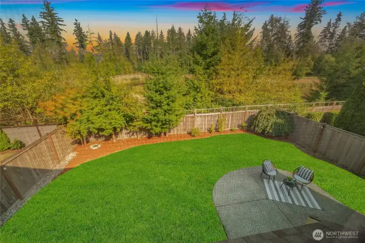 Fully fenced backyard with a peaceful greenbelt in the backdrop.