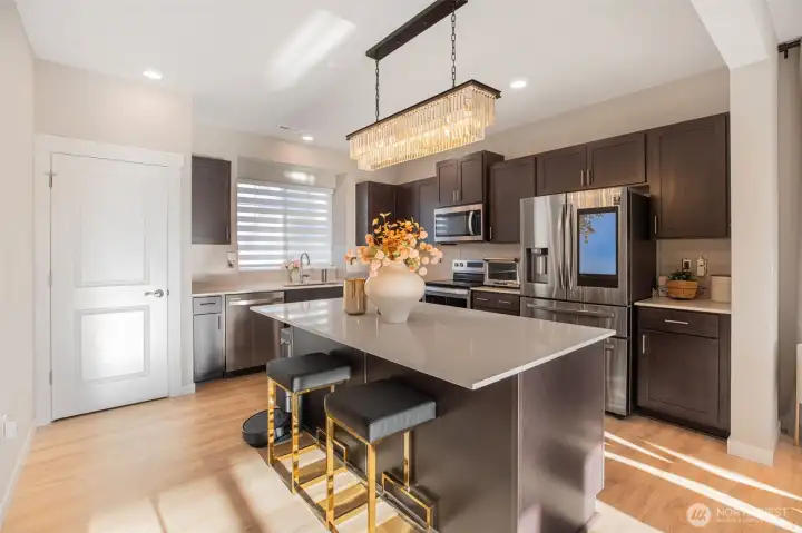 Custom blinds and light fixture.