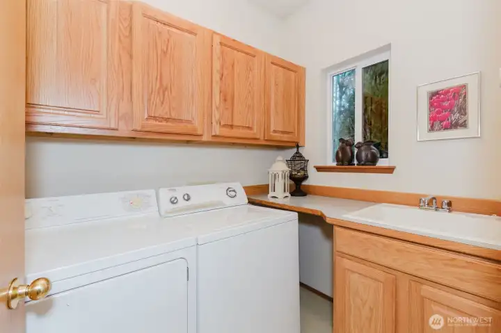 Laundry room with nice cupboards & sink