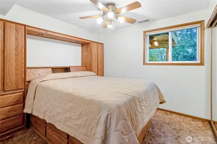 Lower level bedroom window overlooking backyard greenery.