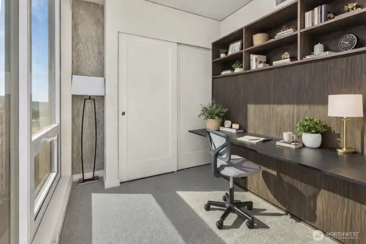 Integrated Murphy bed offers a flexible secondary bedroom