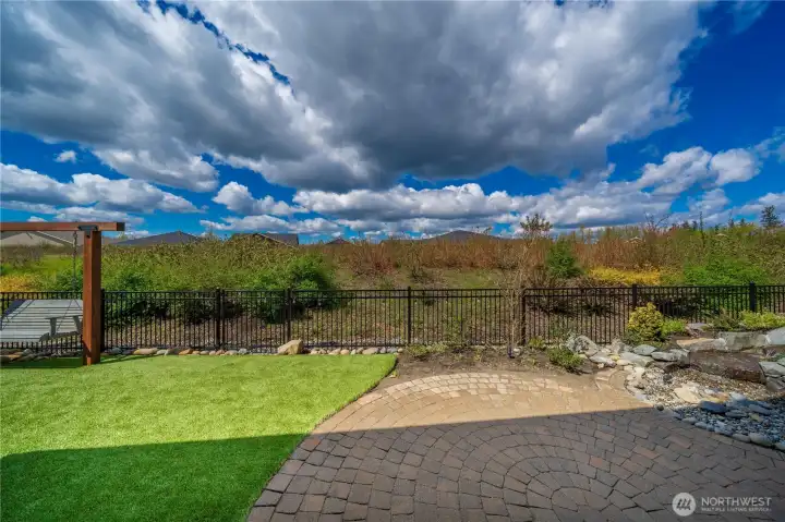 Backing up to permanent greenspace, bathed in Western light and enjoy amazing sunsets! High-grade turf, extensive hardscape and fully fenced. Enjoy the Mt. Rainier views from the perfectly positioned swing!