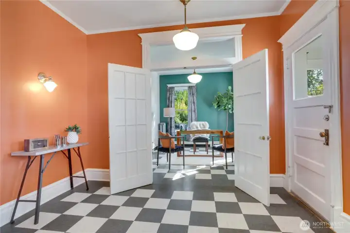 A back door opens from the kitchen straight out into the open air of the deck.
