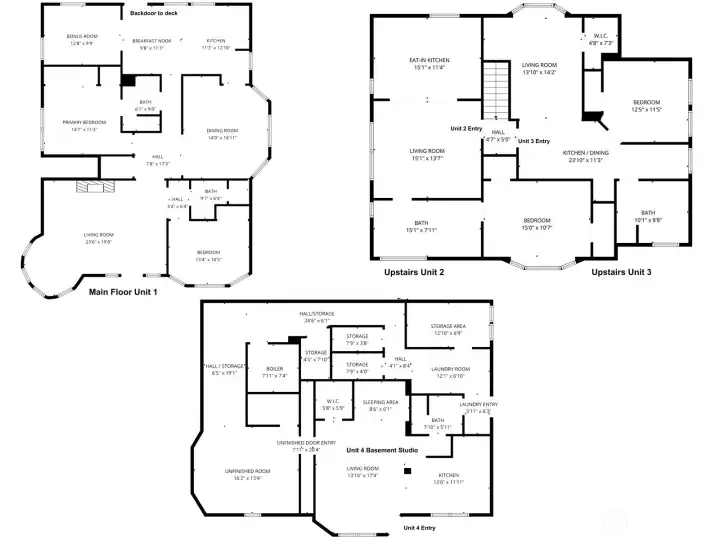 1021 is currently composed of 4 apartments. Unit 1 (vacant) is the 1,650 sq ft main floor apartment. Units 2 and 3 (tenant occupied) are each 1 bed, 1 bath and make up the 1,387 sq ft top floor. Unit 4 (vacant) is a 630 sq ft studio apartment in the basement. The basement also includes 980 unfinished sq ft. Note: The deck and garage building aren't reflected on the floor plan.