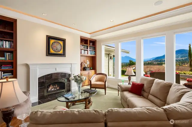 A gas fireplace in the living room invites relaxation.
