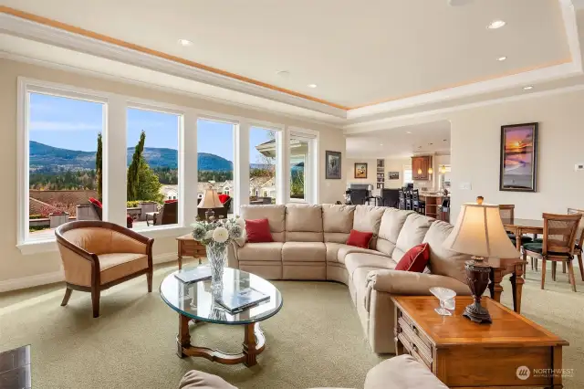 A wall of windows in the living room showcase the stunning view.