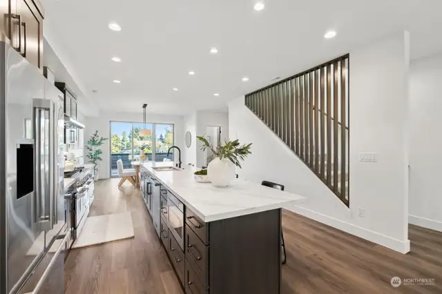 Wood accented staircase with a modern mid century vibe