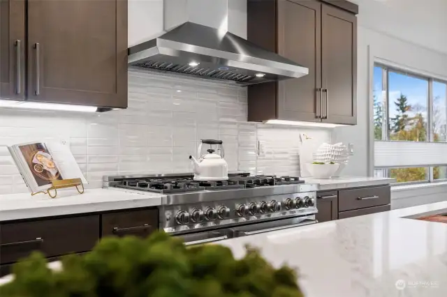 Chef's dream kitchen includes a 48" gas range with stainless hood