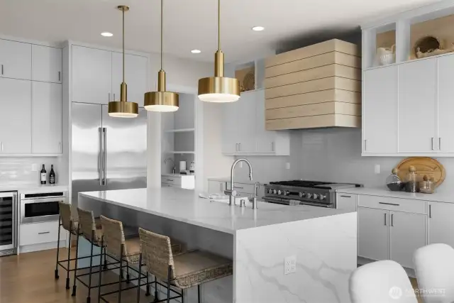 This dream kitchen boasts top-of-the-line GE Monogram appliances, a custom range hood, 8" double gourmet stove, under-cabinet lighting, and a beautiful quartz island, all crafted for luxurious living and effortless entertaining.