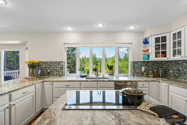 Stunning kitchen with amazing mountain views. Natural stone countertop and induction stove.
