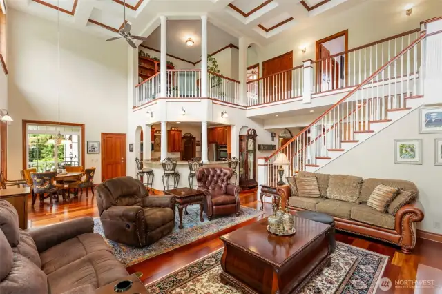 Looking back at the kitchen and library loft above.