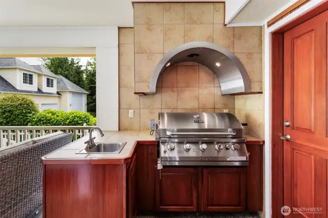 The outdoor kitchen is custom designed with top of the line gas BBQ and venting.