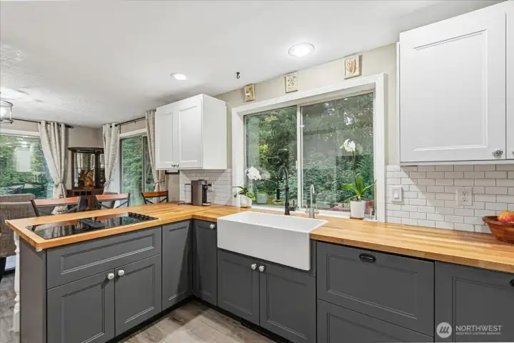 Kitchen w/ Butcher Block Counter Top & Farm Sink