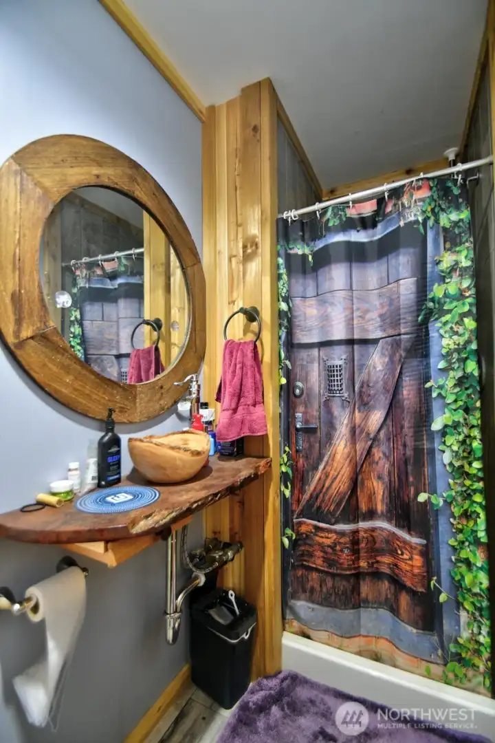 Hall bathroom with really cool features like a coconut sink!